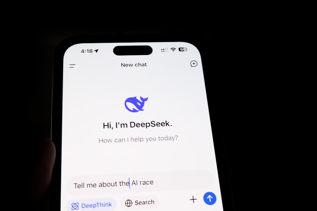 DeepSeek AI Logo on a computer screen with code and neural network visualization